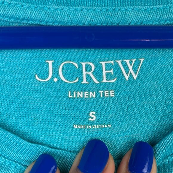 J.Crew 100% Linen Tee Shirt Turquoise Blue Short Cuffed Sleeves Breathable Top S - Picture 9 of 12